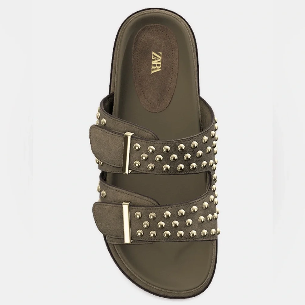 Zara  studded leather buckle sandals, Khaki green - Picture 7 of 16
